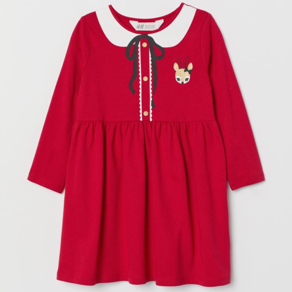 H&M Printed Jersey Dress Red w/ PeterPan faux collar Black Bow & reindeer print